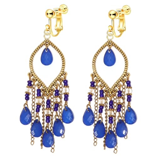 Clip on Tassel Dangle Earrings for Boho Women, Non Pierced, Colorful Feather Handmade Beads Fashion Vintage Fringe Jewelry for Parties Weddings Festivals Trendy Statement Earrings for Bohemian - color: Blue B