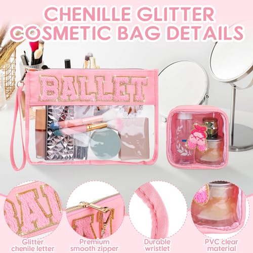 Hillban 2 Pcs Ballet Gifts Chenille Letter Bags Makeup Cosmetic Bags Toiletry Travel Flat Pouch Preppy Patch Clear Purse PVC Waterproof Organizer Storage Case Gifts for Team Girls Women - style: Ballet Theme