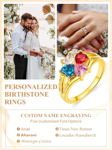 Custom4U Personalized 1-4 Birthstone Rings for Women Promise Rings for Her Sterling Silver Mothers Ring Customized Cubic Zirconia Stones Wedding/Valentine's Day/Mother's Day Jewelry Gift for Mom Wife - color: A-4 Names-Gold