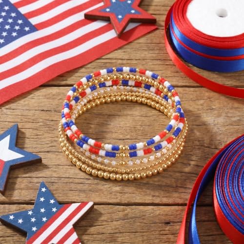 14K Gold Plated Beaded Bracelets Stack Set for Women,Stretch Boho Colorful Beads Ball Jewelry Friendship Summer Trendy - color: 4th of july