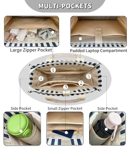 Large Canvas Tote Bag for Women Work Tote Bags with Pockets Laptop Crossbody Purses Everyday Bag Handbags for Travel - color: New Upgrade Plus Blue Stripe