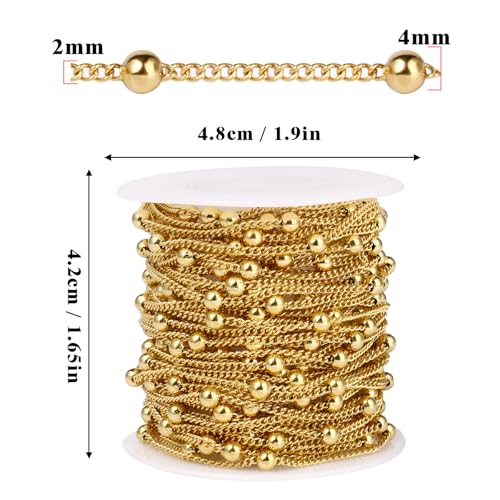 33 Feet Gold Satellite Chains Roll, 2mm 18K Gold PVD Plated 304 Stainless Steel Ball Beaded Twisted Curb Chains Spool Bulk for Jewelry Making DIY Craft - color: Gold Big Beads Satellite Curb Chain
