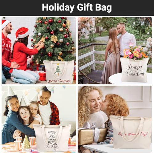 Segarty 3PCS 16.5x13 inch Natural Heavy DIY Tote for Crafting, Ironing and Embroidering, White Canvas Reusable Grocery Shopping Bag with Zipper - size: 16.5"x13.4"x3.9", style: Beige_3pcs