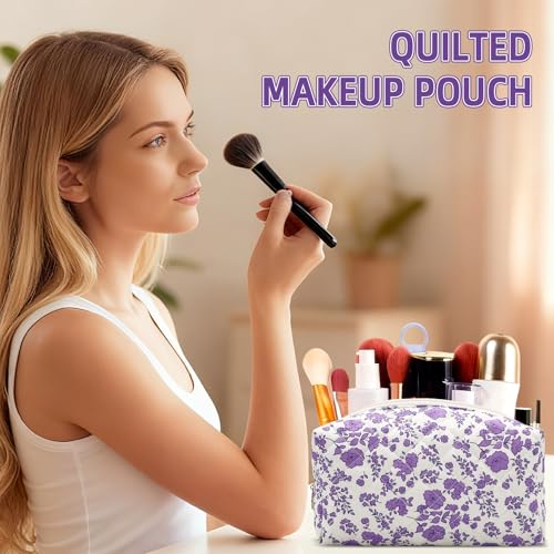 Small Makeup Bag Quilted Cosmetic Bag Floral Travel Toiletry Bags for Women Cute Pencil Case Quilted Makeup Pouch Aesthetic Coquette Cosmetic Pouch Cotton Make Up Bags Cute Zipper Pouches Purple - color: Ad-purple floer