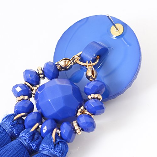 boderier Bohemian Statement Thread Tassel Chandelier Drop Dangle Earrings with Cassandra Button Stud - color: Royal Blue