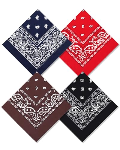 Bycc Bynn Large 27" x 27" 100% Cotton Bandanas - Set of 4 - color: Black+red+navy Blue+brown
