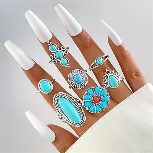 Bohemian Joint Knuckle Rings Set for Women,Vintage Boho Turquoise Stackable Rings Chunky Retro Turquoise Midi Finger Ring Statement Western Jewelry - style: Style C