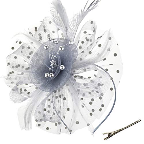 DRESHOW Fascinators Hat Flower Mesh Ribbons Feathers on a Headband and a Clip Tea Party Headwear for Girls and Women - color: 7" Diameter / Grey