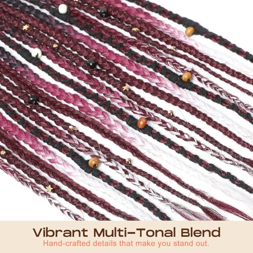 SEIKEA Boho Braided Ponytail Extension on Hair Tie, 16" Full Volume Lightweight Viking Dreadlock Ponytail Braid in Dreadlock Extensions with Beads and Shells, Festival Hair Accessories for Women Girls - color: Midnight Burgundy Blend