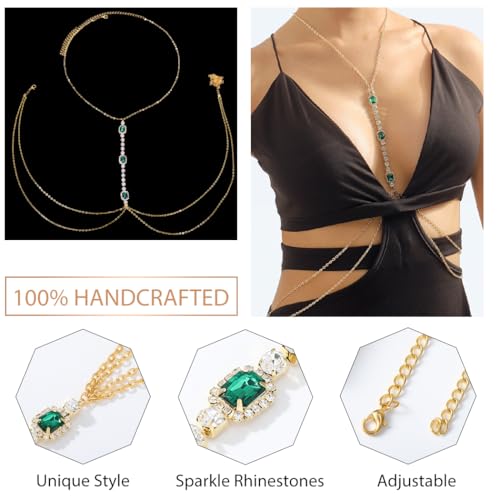 Bounzhi Rhinestone Crossover Body Chain Bra Shiny Crystal Chest Harness Bikini Body Jewelry - style: GreenRhinestone-Gold