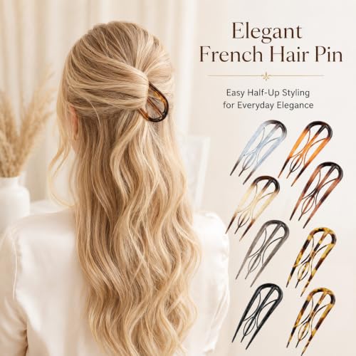 French Hair Pins for Women - 8 PCS Large U-Shaped Hair Forks with Internal Teeth, Strong Hold for Thick & Thin Hair, Effortless French Twists, Updos, Buns & Chignons, Hairstyle Accessories