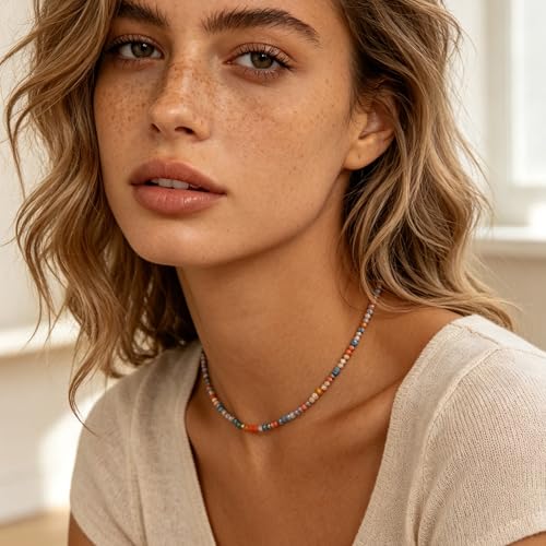 JSJOY Tiny Crystal Beaded Choker Necklaces for Women Colorful Beaded Necklace Dainty Choker Necklaces Simple Boho Jewelry Gifts for Teens Handmade Shining Bead Necklaces Gifts - color: Gray