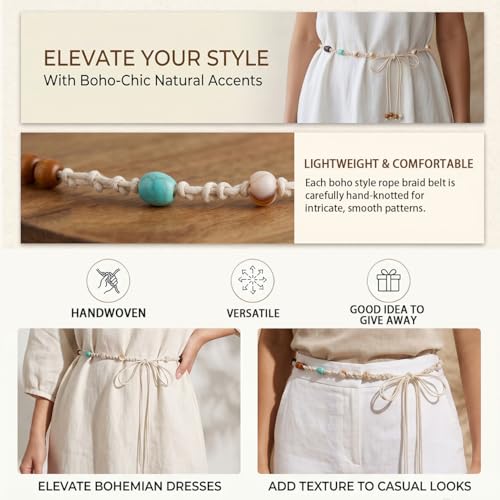 LIMHOO Women's Boho Braided Belt Adjustable Beaded Rope Waist Belts for Dresses - color: 582 Beige