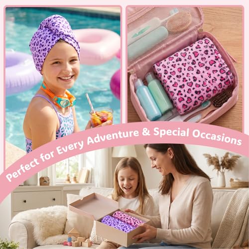 Basumee Microfiber Hair Towel Wrap for Kids 2 Pack Rapid Drying Hair Towel with Button Hair Turbans for Wet Hair Wraps Head Towel Wrap for Women and Girls - color: Pink Purple Leopard