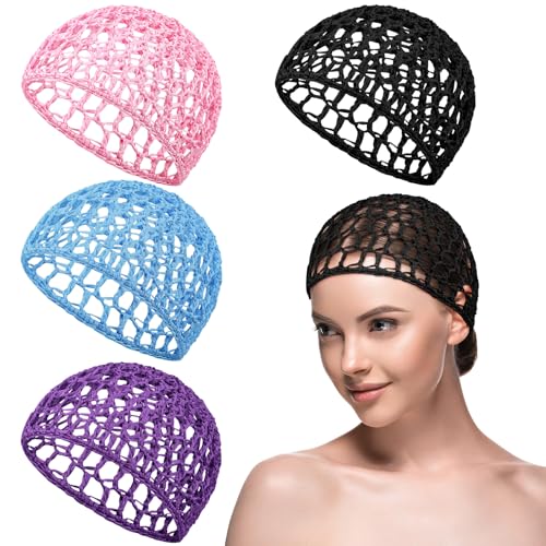 Geyoga 4 Pieces Mesh Crochet Hair Net Rayon Knit Snood Hat Thick Short Women Hairnet Snoods Cover Ornament for Sleeping (Black,Purple,Blue,Pink) - color: Black,purple,blue,pink