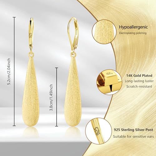 Silver Long Teardrop Dangle Earrings for Women, 14K Gold Plated Hypoallergenic Drop Leverback Earrings, Trendy Long Teardrop Dangle Earings for Jewelry Gifts - color: B-14K Gold