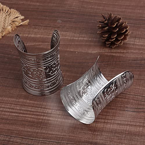 SONNYX 2 PCS Cuff Bracelets for Women Vintage Ethnic Wide Open Chunky Gold Silver Wrist Cuff Warp Bracelets for Cosplay or Belly Dance - color: SILVER 1