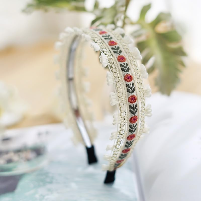 Bohemian Headband for Women-Floral Embroidered Headwrap with Lace Trim Vintage Cute Hair Band for Daily Boho Chic Style (8-Beige, One Size) - color: 8-Beige