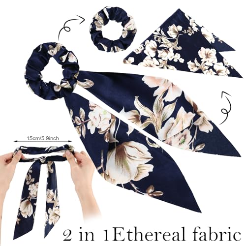 Chuangdi 10 Pcs Hair Scrunchies Hair Scarf with Ribbon Bunny Ears Chiffon Floral Bow Ponytail Holder Boho Elastic Floral Ropes 2 in 1 Vintage Accessories for Women(Bright Flower) - style: Bright Flower