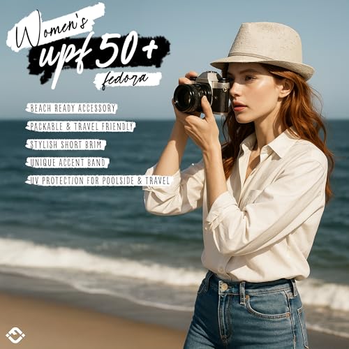 Funky Junque Straw Fedora Hats for Women - UPF 50+ Sun Hat, Short Brim Packable Beach Hat with Woven Pattern - color: Sequin - Cream