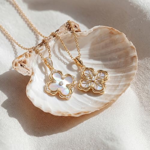 Fettero Dainty Gold Necklace for Women - Double Sided Pendant Necklace 14K Gold Plated Charm Clover Necklace Jewelry for Valentine's Day - color: Mother Pearl White