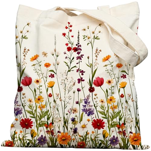 METALPHA Aesthetic Tote Bag for Women Girls - Resuable Double-Sided Printed Canvas Tote Bag with Snap Closure and Pocket - color: Verticalwildflowers