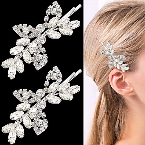 2 Pieces Rhinestone Bridal Hair Pins Leaf Bridal Wedding Hair Pins Crystal Hair Accessories Silver Rhinestone Jewelry Barrette for Brides Bridesmaids Flower Girls - color: Silver