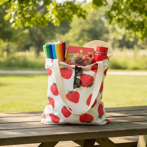 1-PACK Cute Strawberry Print Canvas Tote Bag, Reusable Grocery Bag with Magnetic Snap Closure & Inner Zipper Pocket, Aesthetic Gift for Women - color: A1-strawberry 1 Pack