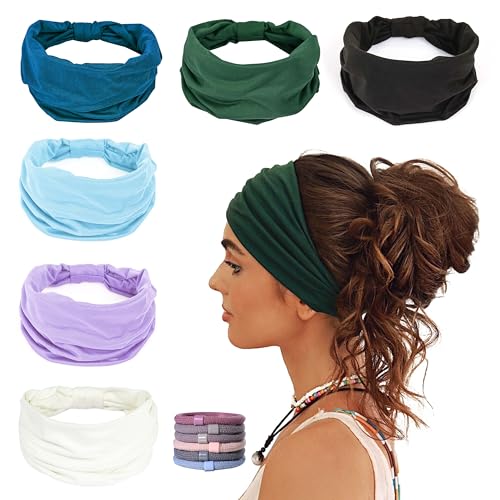 GiLi 6 Pack Wide Headbands for Women Non Slip Soft Elastic Hair Bands Yoga Running Sports Workout Gym Head Wraps, Knotted Cotton Cloth African Turbans Bandana (with 6 Pcs Hair Ties) - color: 6 Color (White+Black+Light Purple+Light Blue+Dark Green+Teal)