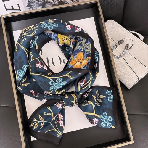 ANDANTINO 100% Silk Scarf for Women 59”*6.3” Long Shawls for Headscarf and Neck- Oblong Hair Wraps with Gift Packed - color: Floral-navy Blue