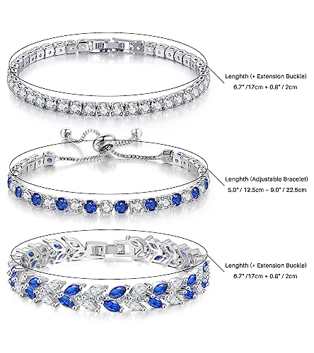 GEMOSA 3 Pcs Tennis Bracelet Set 14K Gold Plated Marquise Cubic Zirconia CZ Diamond Dainty Adjustable Silver Bracelets for Women Brides Stackable Fashion Jewelry Wedding Prom Gift - color: Silver-Bule CZ
