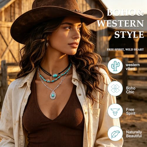 Western Necklaces Boho Turquoise Cross Necklace Set Navajo Pearl Beaded Layered Choker Cowgirl Christian Western Jewelry for Women - color: Style-E