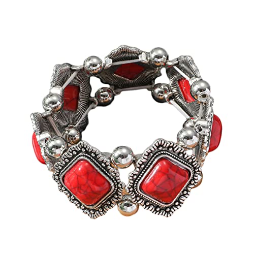 COLORFUL BLING Bohemian Simulated Turquoise Stretch Bangle Bracelet for Women Adjustable Ethnic Natural Stone Statement Wide Wrap Bracelet Boho Jewelry - color: square red