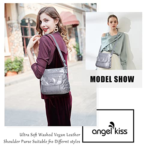 Angelkiss Small Womens Crossbody Bag Leather Shoulder Purse for Women Hobo Bag with Adjustable Shoulder Strap - color: Silver