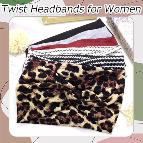 6 Pack Boho Headbands for Women Wide Twist Knotted Head Wraps Turban Stretchy Leopard Hair Bands Elastic Non-Slip Workout Head Wraps Accessories - color: Multicolor-1