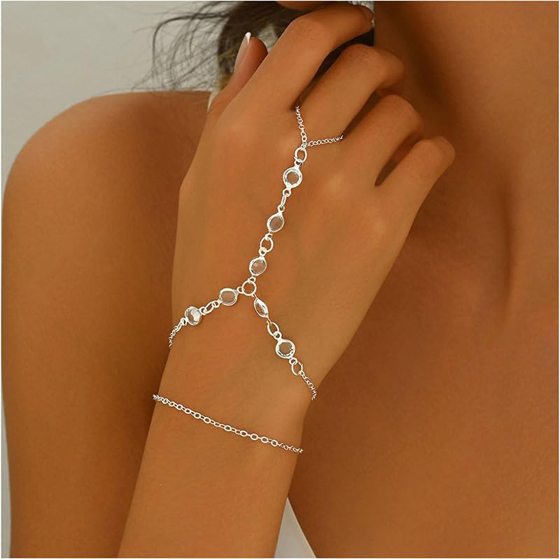 Dainty Gold Hand Chain Bracelet for Women Trendy,Ring Bracelet Hand Chain Bracelets Simple Finger Rings Slave Bracelets Boho Summer Beach Jewelry Accessories - color: Silver cz5