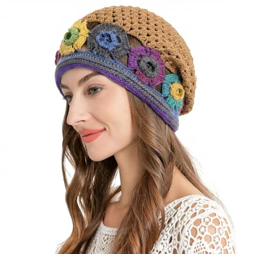 ZLYC Women Cotton Crochet Slouchy Beanie Hat Handmade Knit Summer Skull Cap - color: Colorful Flower Shiny Brown