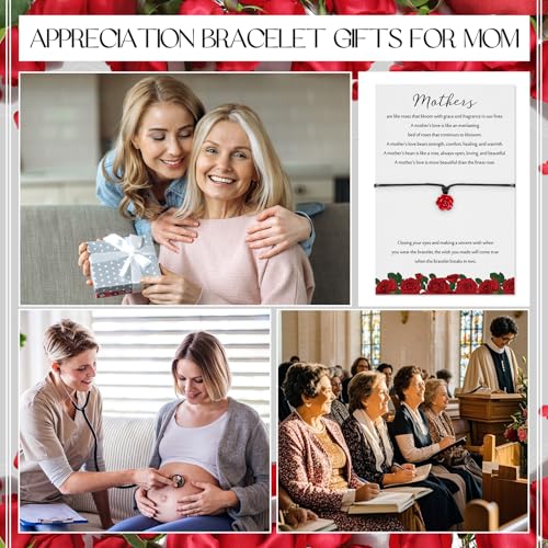 Tondiamo Mother's Day Adjustable Red Rose Flower Bracelets with Wish Postcards Rose Jewelry Gifts for Mom Birthday