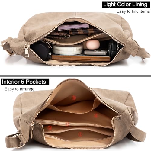 Hobo Bags for Women Foldable Vegan Leather Shoulder Handbag Slouchy Tote Crossbody Purses - color: Khaki