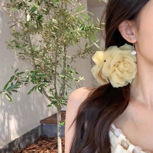 Large Chiffon Rose Flower Hair Claw Clips Boho Mesh Floral Hair Pins Barrettes Strong Hold Non-Slip Beach Vacation Hair Accessories for Women (Yellow Rose Flower Hair Clips) - color: Yellow Rose Flower Hair Clips