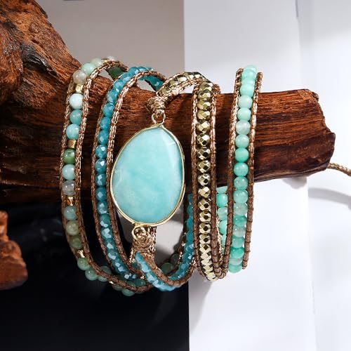 Women Wrap Bracelet Boho Natural Jasper Crystal Stone Beads Strand Bracelets - color: Amazonite #2