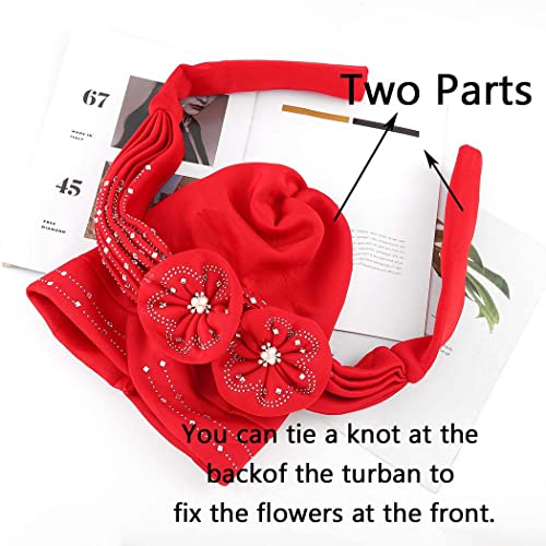 Woeoe Beanie Cap Head Wrap Black Rhinestones Head Scarf Flower Pearls Twisted Head Turban for Women Girls - color: Red