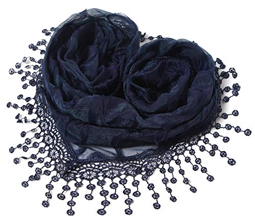 Cindy & Wendy Floral Embroidered Lace Triangle Scarf for Women - color: Navy