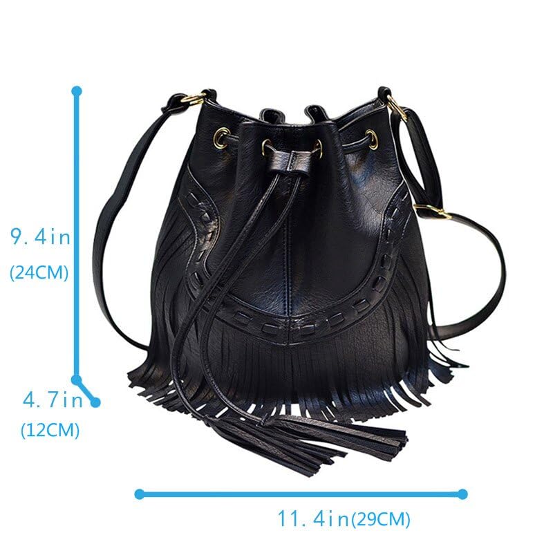 Hoce Women’s Leather Fringe Messenger Bag Large Hobo Crossbody Tassel Shoulder Bags, Gift for Mom Wife Girlfriend - color: C-black