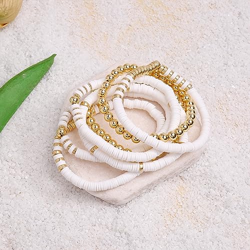 Elegance 11 designs Heishi Beaded Bracelets For Women Polymer Clay Colorful Surfer Stackable Beads Boho Bracelet Summer Beach Jewelry - color: White