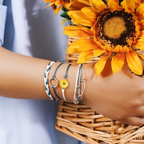 Sunflower Friendship Bracelets Boho Stackable String Bracelets Cute Trendy Gifts for Teen Girls Women - color: Peacock