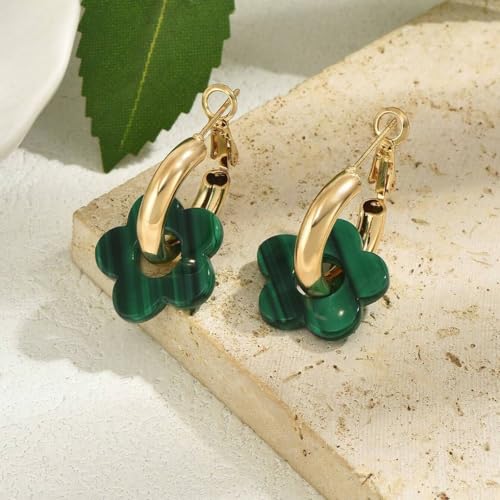 Chunky Acrylic Gold Small Flower Hoop Huggie Earrings, Colorful Boho Ear Piercing Dangle Drop Earrings, Dainty Chic Charm Jewelry Gift - color: Green
