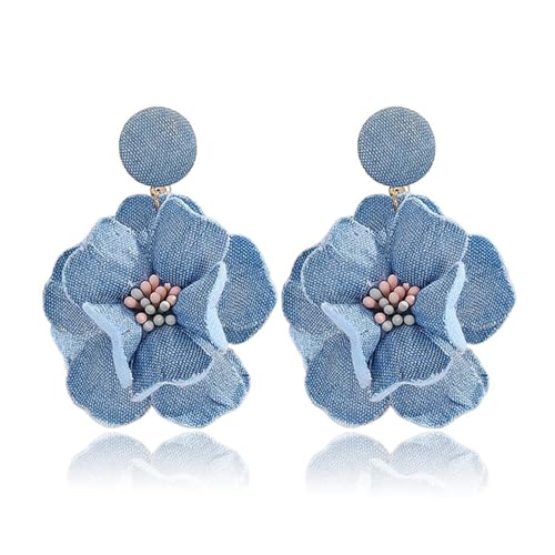 coadipress Boho Denim Camellia Flower Dangle Earrings for Women Exaggerated Big Layered Tiered Blossom Floral Drop Long Earring Chic Statement Earrings Wedding Bridal Jewelry Gifts - style: Flower Core Light Blue