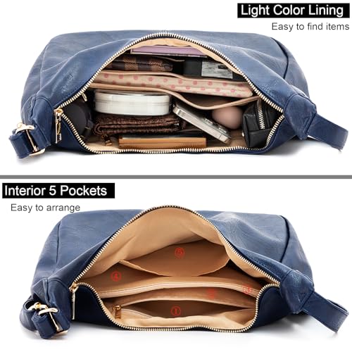 Hobo Bags for Women Foldable Vegan Leather Shoulder Handbag Slouchy Tote Crossbody Purses - color: Dark Blue