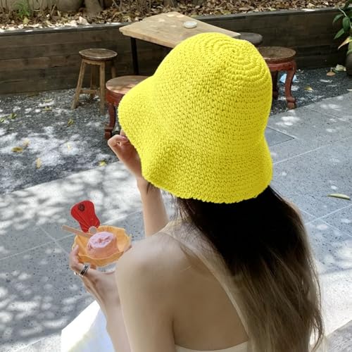 Womens Floppy Straw Sun Hat Packable Wide Brim Summer Beach Hat Foldable Crochet Bucket Hats - color: Fluorescent Color